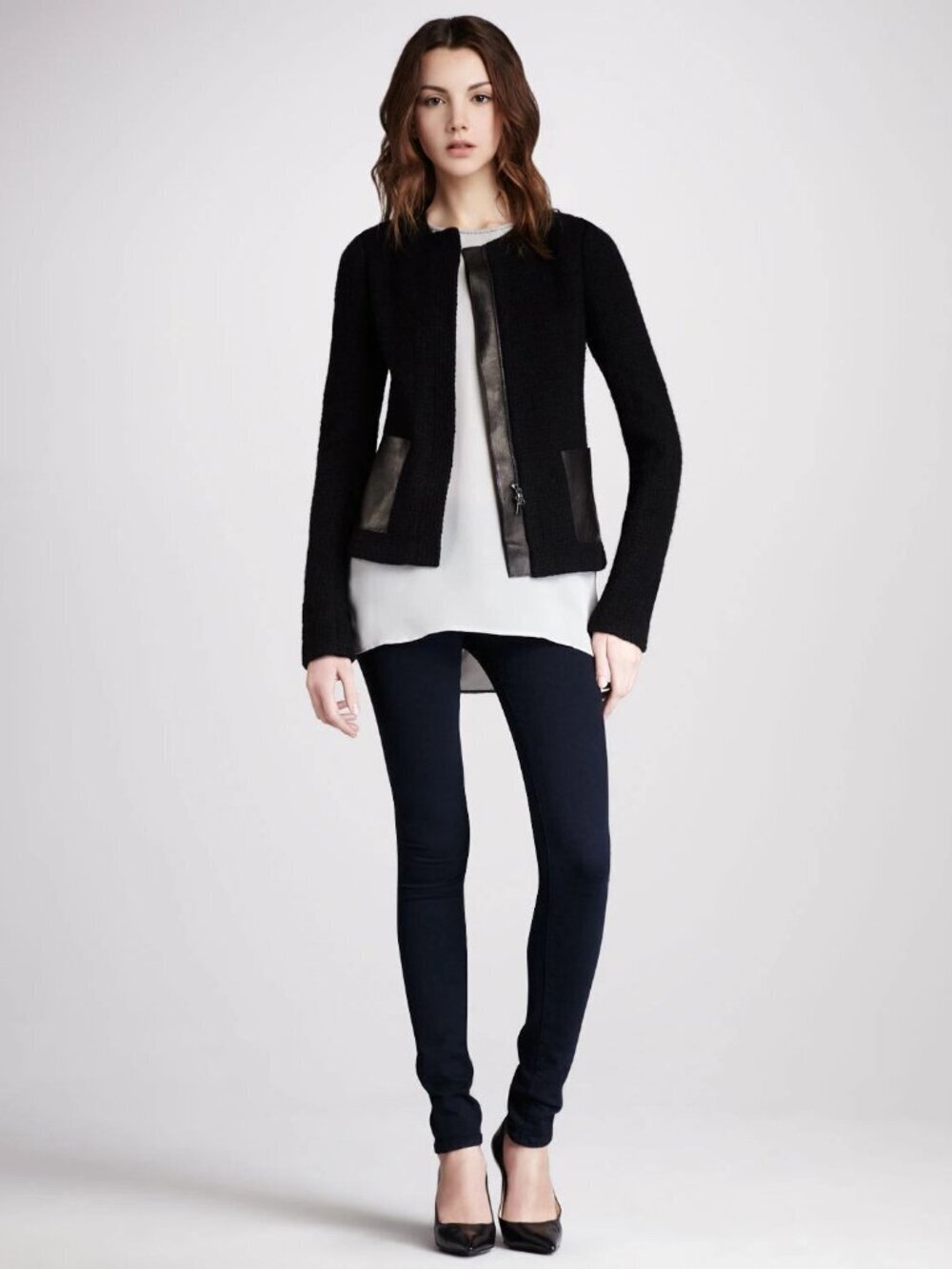 VINCE Black Wool Boucle Knit Lamb Leather Minimalist Collarless Jacket, Size 2